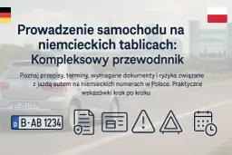 Przewodnik po przepisach, dokumentach i ryzyku związanym z tym, czy można jeździć na niemieckich blachach w Polsce. Ikony symbolizują dokumenty, ostrzeżenia i terminy.