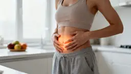 Kobieta trzyma się za brzuch, gdzie widoczny jest pomarańczowy blask. Zastanawiasz się, metabolizm co to? To klucz do zdrowia.