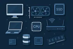Komponenty komputera: monitor, laptop, karta graficzna, CPU, SSD, router, RAM. Idealne, by wybrać jaki komputer do VR.