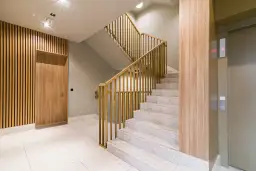 Nowoczesna aranżacja ściany przy schodach z drewnianymi panelami i złotą balustradą. Obok drzwi i windy.