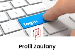 Palec naciska niebieski klawisz "login" na klawiaturze. Pod spodem logo i napis "Profil Zaufany" - dowiedz się, jak dodać dziecko do profilu zaufanego.
