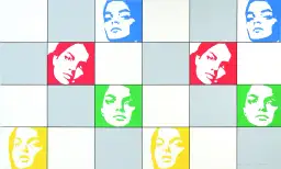 Pop-Art-Porträts von Gesichtern in Blau, Rot, Grün und Gelb auf kariertem Hintergrund.