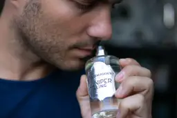 Mężczyzna wącha butelkę wody toaletowej Penhaligon's Juniper Sling.