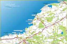 Mapa atrakcji Dąbki i okolic: latarnie morskie, muzea, zamki, bunkry, jeziora, porty.