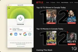 Ekran aplikacji ExpressVPN połączonej z Kanadą, obok listy Top 10 seriali i filmów na Netflix w Kanadzie.