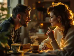 Para przykładów zachowań empatycznych: para przy kawie, patrząca na siebie z uśmiechem, słuchająca uważnie.