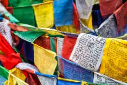 Kolorowe flagi modlitewne buddyzmu z symbolami i tekstami.