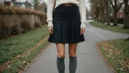 Kobieta w swetrze, granatowej spódniczce i długich szarych skarpetkach stoi na ścieżce.