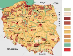 Mapa przedstawiająca zróżnicowanie gleb w Polsce, z zaznaczonymi miastami i granicami państwowymi.