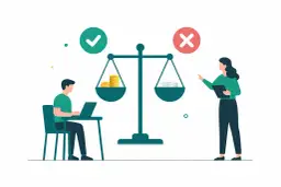 Waga szalkowa z monetami po jednej stronie i dokumentami po drugiej. Czy praktyki zawodowe są płatne? Zielony znaczek i czerwony krzyżyk nad szalkami.