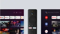 Pilot do Mi Box, jak zainstalować przeglądarkę. Ekran główny z aplikacjami YouTube, Netflix, Prime Video i Google Play.