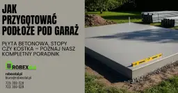 Gotowa płyta fundamentowa pod garaż, z poziomicą na krawędzi. Poradnik "Jak przygotować podłoże pod garaż" od Robexstal.