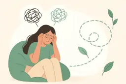 Ilustracja kobiety z rękami na skroniach, otoczonej chaotycznymi myślami i liśćmi.