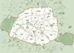 Mapa Paryża z zaznaczonymi 20 dzielnicami (arrondissements) i rzeką Sekwaną.