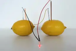 Dwa cytryny tworzą ogniwo, z którego płynie prąd do świecącej czerwonej diody LED.