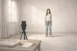 Dziewczyna w białej koszulce i jeansach stoi przed telefonem na statywie.