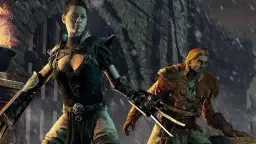 Dwie postacie z gry fantasy, kobieta i mężczyzna, w zbrojach, na tle kamiennej budowli i śniegu.