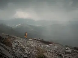 Kobieta w żółtej kurtce na szczycie góry, podziwia mglisty krajobraz. To część projektu 365.