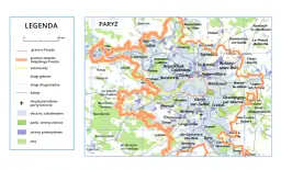 Mapa Paryża i okolic z zaznaczonymi granicami, autostradami, drogami, kolejami i terenami. Pokazuje, ile mieszkańców ma Paryż, otoczony przez gęsto zabudowane obszary.