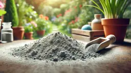 Kupa popiołu z pelletu na drewnianym stole, obok drewnianej łopatki i doniczek w ogrodzie.