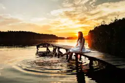 Dziewczyna w białej sukience na pomoście, pluska nogami w jeziorze podczas sesji urodzinowej w plenerze. Zachód słońca.