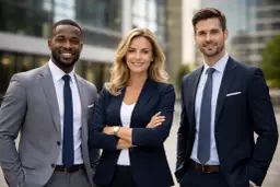 Trzy uśmiechnięte osoby w garniturach. Zastanawiasz się, ile kosztuje portret u fotografa?