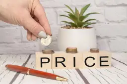 Dłoń kładzie monetę na kostce z literą "P", obok kostek z napisem "RICE". Zastanawiasz się, o ile służebność obniża wartość nieruchomości?