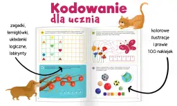 Książka "Kodowanie dla ucznia" zawiera zagadki, łamigłówki, układanki logiczne i labirynty. Kolorowe ilustracje i naklejki ułatwiają naukę.