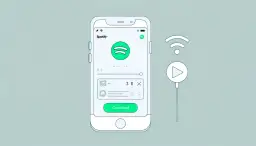 Ilustracja telefonu z aplikacją Spotify i ikoną pobierania, obok symbol Wi-Fi i odtwarzania.