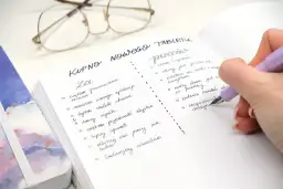 Ręka pisze notatkę w zeszycie: "Kupno nowego tabletu". Widoczne okulary i fragment innego notatnika.