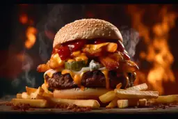 Soczysty burger z frytkami i serem, idealny na obiad. Pyszny sos amerykański przepis na domowe frytki.