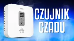 Biały czujnik czadu z wyświetlaczem i przyciskami. Tekst "CZUJNIK CZADU" sugeruje, jak wyłączyć czujnik czadu.