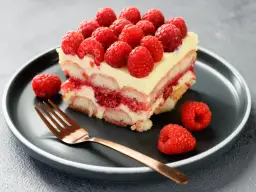 Pyszne tiramisu malinowe z malinami na wierzchu i na talerzu, obok złoty widelec.