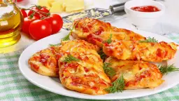 Piersi kurczaka zapieczone z serem i pomidorami, udekorowane koperkiem.