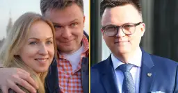 Szymon Hołownia z żoną i w garniturze.