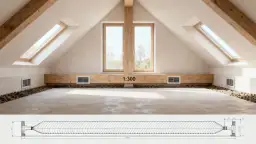 Nowoczesne wnętrze poddasza z oknami dachowymi i dwoma oknami szczytowymi. Widoczna wentylacja w ścianie szczytowej, dyskretnie wkomponowana w drewnianą belkę.