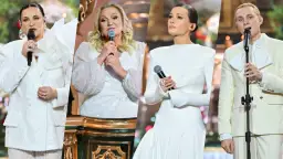 Artyści w białych strojach na scenie. Czy to świąteczne wydanie "Jaka to melodia"?