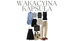 Kolekcja ubrań i akcesoriów na wakacje: sukienka, spodenki, spodnie, bluzki, torba, klapki.