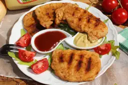 Grillowany schab z keczupem, musztardą i pomidorkami na talerzu.
