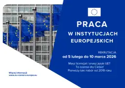 Flagi Unii Europejskiej przed nowoczesnym budynkiem, tekst "Praca w instytucjach europejskich".