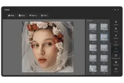 Darmowy program do obróbki zdjęć na Maca. Interfejs Fotor z opcją dodawania ramek do portretu kobiety w wianku.