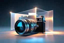 Elegancki aparat fotograficzny, który pokazuje, jak działa aparat, z soczewką odbijającą światło i geometrycznymi elementami.