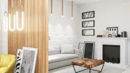 Nowoczesny salon z białym kominkiem, sofą, drewnianą ścianą i designerskimi lampami.