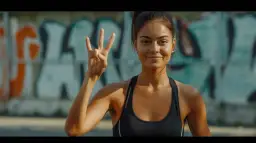 Uśmiechnięta kobieta w sportowym topie pokazuje trzy palce, sugerując, jak pozbyć się wody z organizmu w 3 dni.