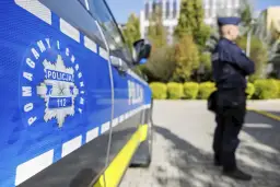 Policjant w mundurze stoi obok radiowozu z napisem "POLICJA" i numerem alarmowym 112.