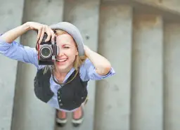 Uśmiechnięta dziewczyna w kapeluszu robi zdjęcie starym aparatem. To świetny pomysł na szkolenie z fotografii!