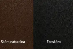Dwa rodzaje materiałów: brązowa skóra naturalna i czarna ekoskóra, porównanie faktur.
