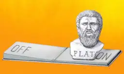 Popiersie Platona na przełączniku "OFF/ON" symbolizuje pytanie, czy filozof to zawód.