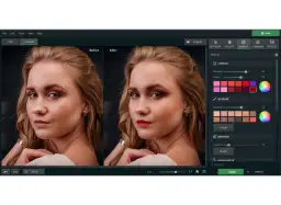 Program do automatycznej obróbki zdjęć pokazuje porównanie portretu przed i po zastosowaniu makijażu.