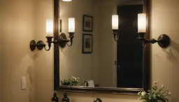 Elegancki kinkiet w lustrze łazienkowym, odbijający się w jego tafli.